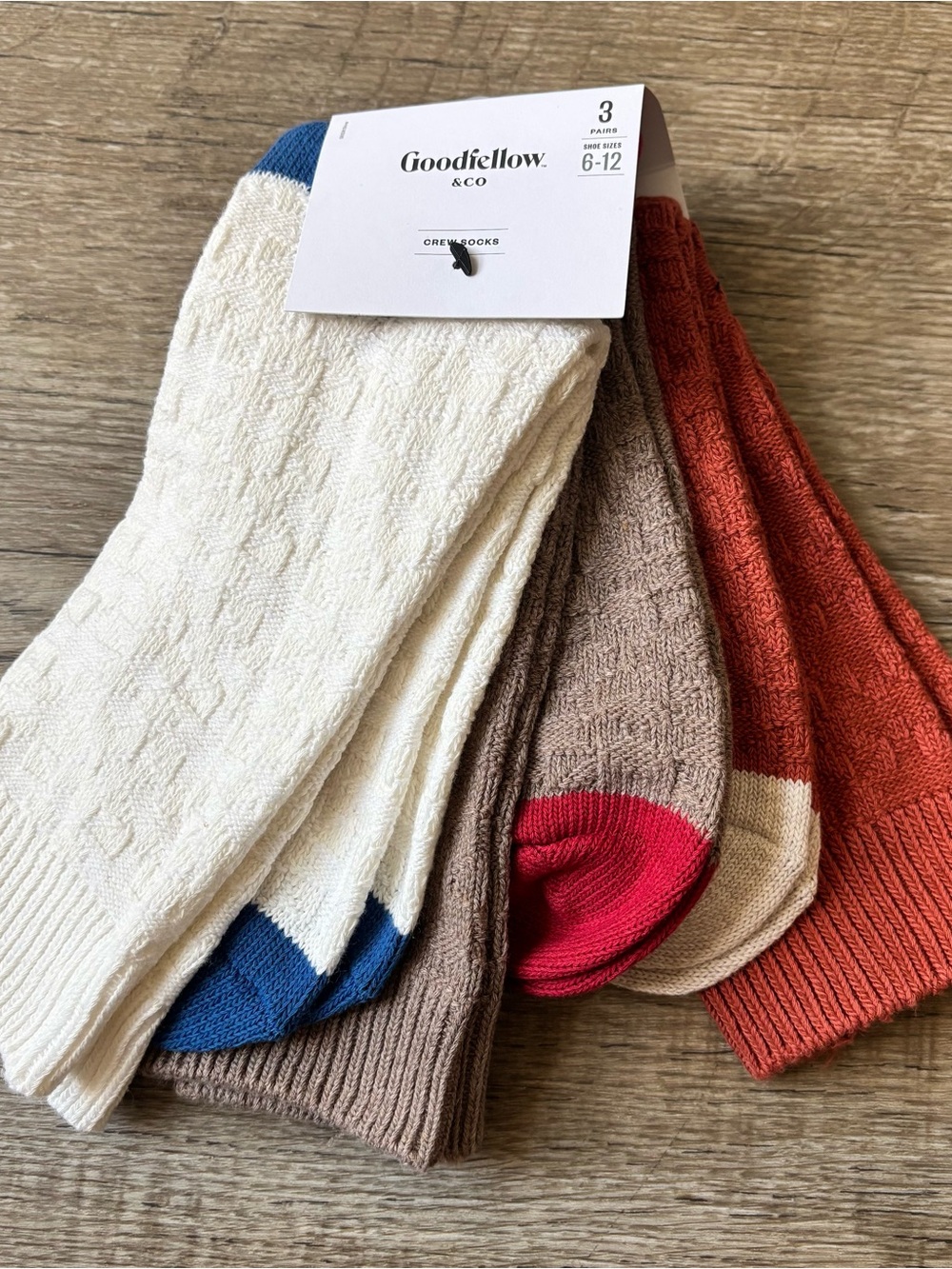Goodfellow & Co 3-Pack Crew Socks - Cream, Brown, Rust with Blue & Red Accents